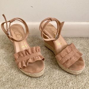 Blush Open Toe Ruffle Espadrille Wedge with Ankle Strap